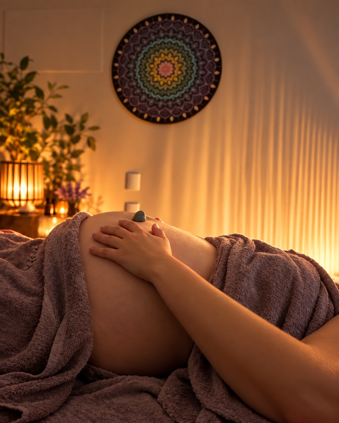 Cuidado delicado com o ventre durante uma sessão de Aromassoterapia Materna